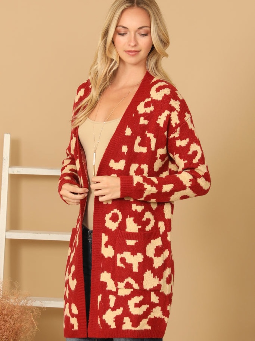 New! Long Open-Front Leopard Print Cardigan Sweater in Red and Cream S/M